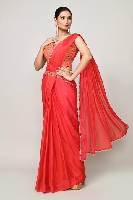 Sayisha_Red Chinon, Net Zari, Embroidery, Sequins V-neck Draped Saree With V Blouse _Online_at_Aza_Fashions