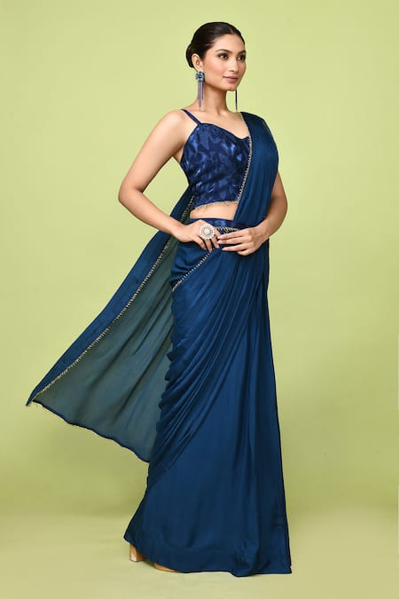 Sayisha_Blue Chinon, Net Zari, Embroidery Sweetheart Neck Draped Saree With Blouse _Online_at_Aza_Fashions