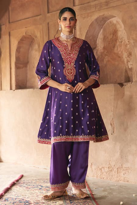 Shop_Sheetal Batra_Purple Chanderi , Organza Pearls, Hafsa Banarasi Tilla And Kurta Set _Online_at_Aza_Fashions