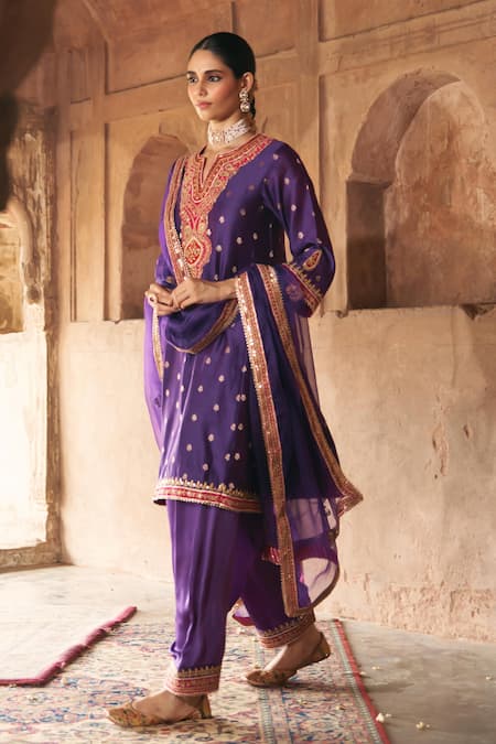 Sheetal Batra_Purple Chanderi , Organza Pearls, Hafsa Banarasi Tilla And Kurta Set _at_Aza_Fashions