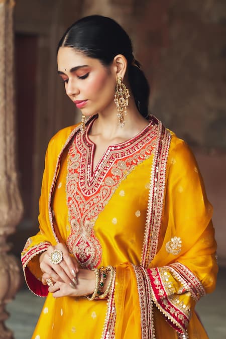Sheetal Batra_Mustard Chanderi Silk Pearls, Sequins, Gota Hafsa Banarasi Tilla And Kurta Set _at_Aza_Fashions