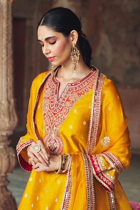 Shop_Sheetal Batra_Mustard Chanderi Silk, Organza Embroidery, Hafsa Banarasi Tilla And Kurta Set _Online_at_Aza_Fashions