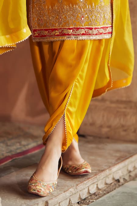 Buy_Sheetal Batra_Mustard Chanderi Silk Embroidery, Fahmida Kashmiri Tilla And Kurta & Dhoti _Online_at_Aza_Fashions