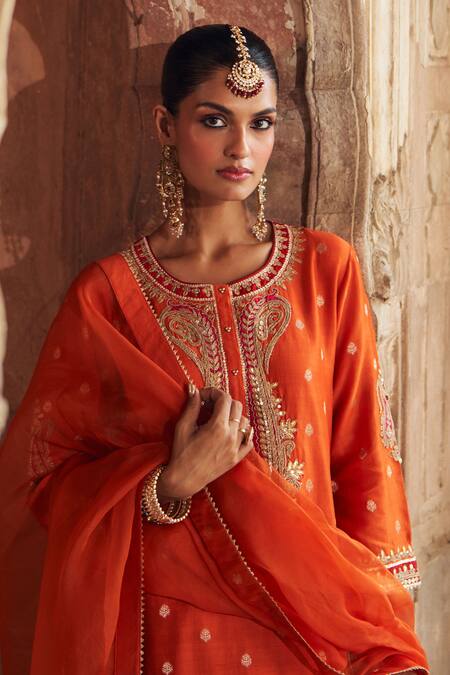 Sheetal Batra Orange Chanderi Silk Pearls, Sequins, Gota Fahmida Kurta With Dhoti Pant Online at Aza Fashions Sheetal Batra_Orange Chanderi Silk Pearls, Sequins, Gota Fahmida Kurta With Dhoti Pant _Online_at_Aza_Fashions