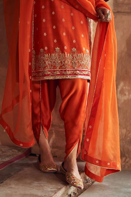 Buy Sheetal Batra Orange Chanderi Silk Pearls, Sequins, Gota Fahmida Kurta With Dhoti Pant Online at Aza Fashions Buy_Sheetal Batra_Orange Chanderi Silk Pearls, Sequins, Gota Fahmida Kurta With Dhoti Pant _Online_at_Aza_Fashions