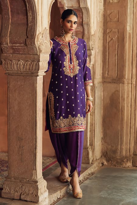 Shop_Sheetal Batra_Purple Chanderi , Organza Pearls, Fahmida Kashmiri Tilla And Kurta Set _Online_at_Aza_Fashions