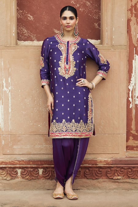 Buy_Sheetal Batra_Purple Chanderi , Organza Pearls, Fahmida Kashmiri Tilla And Kurta Set 