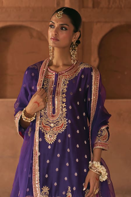 Buy_Sheetal Batra_Purple Chanderi , Satin, Organza Farhana Kashmiri Tilla And Kurta Set _Online_at_Aza_Fashions