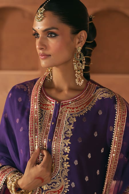 Shop_Sheetal Batra_Purple Chanderi , Satin, Organza Farhana Kashmiri Tilla And Kurta Set 