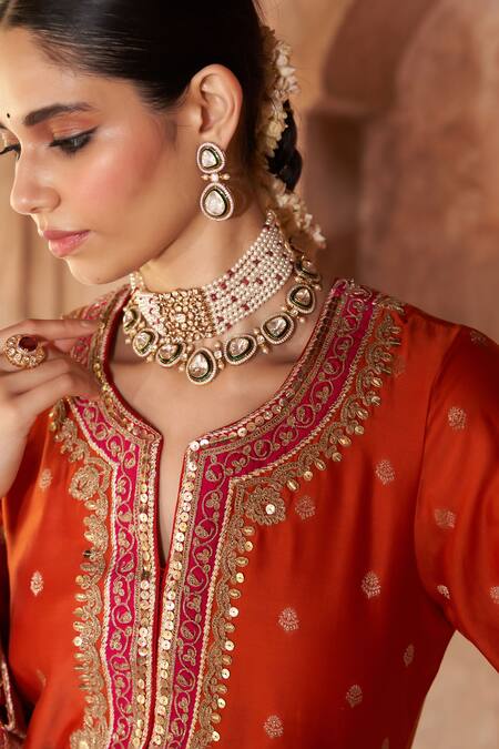 Shop_Sheetal Batra_Orange Chanderi , Organza Pearls, Sobia Kashmiri Tilla And Kurta Set _Online_at_Aza_Fashions