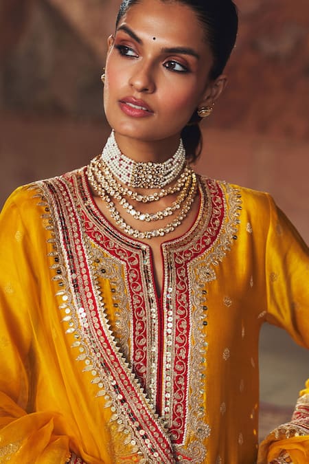 Shop_Sheetal Batra_Mustard Chanderi , Organza Pearls, Sequins, Sobia Tilla And Kurta Set _Online_at_Aza_Fashions