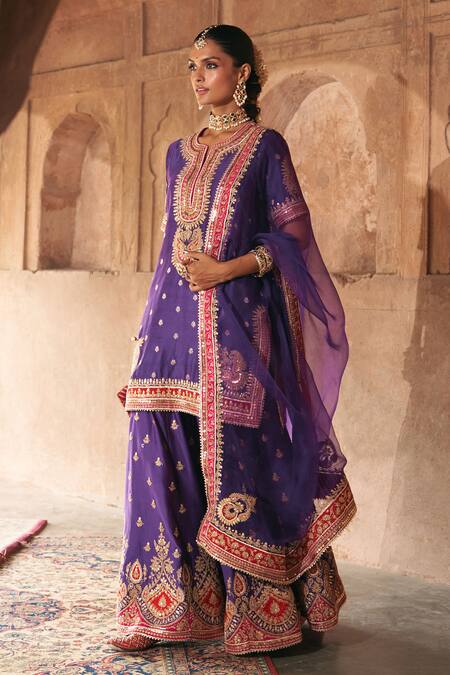 Sheetal Batra_Purple Chanderi , Organza Pearls, Areesha Banarasi Tilla And Kurta Set _Online_at_Aza_Fashions