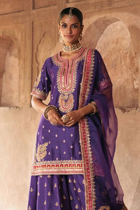 Buy_Sheetal Batra_Purple Chanderi , Organza Pearls, Areesha Banarasi Tilla And Kurta Set _Online_at_Aza_Fashions