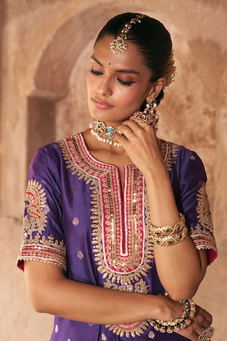 Shop_Sheetal Batra_Purple Chanderi , Organza Pearls, Areesha Banarasi Tilla And Kurta Set _Online_at_Aza_Fashions