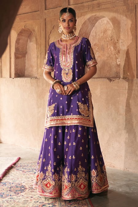 Sheetal Batra_Purple Chanderi , Organza Pearls, Areesha Banarasi Tilla And Kurta Set _at_Aza_Fashions