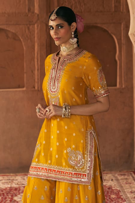 Sheetal Batra_Mustard Chanderi , Areesha Banarasi Kurta Sharara Set With Dupatta _Online_at_Aza_Fashions