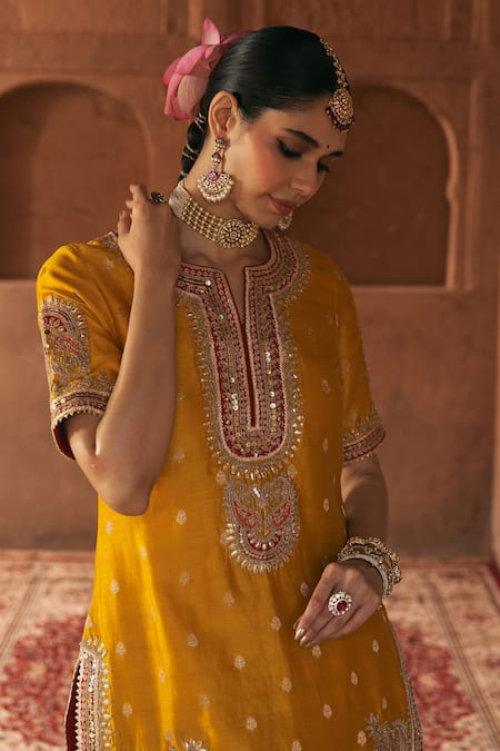 Buy_Sheetal Batra_Mustard Chanderi , Areesha Banarasi Kurta Sharara Set With Dupatta _Online_at_Aza_Fashions