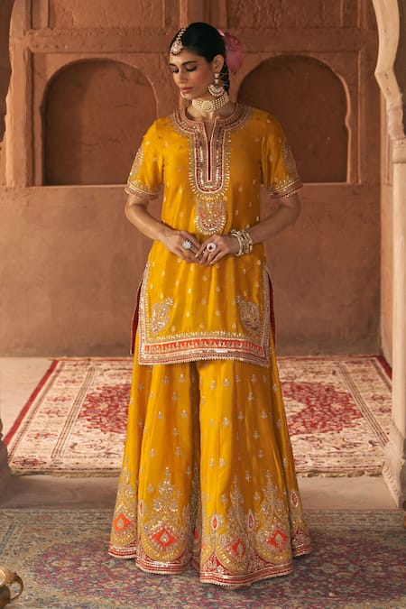 Shop_Sheetal Batra_Mustard Chanderi , Areesha Banarasi Kurta Sharara Set With Dupatta _Online_at_Aza_Fashions