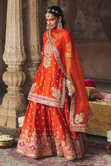 Shop_Sheetal Batra_Orange , Silk, Areesha Banarasi Tilla And Kurta Sharara Set _Online_at_Aza_Fashions