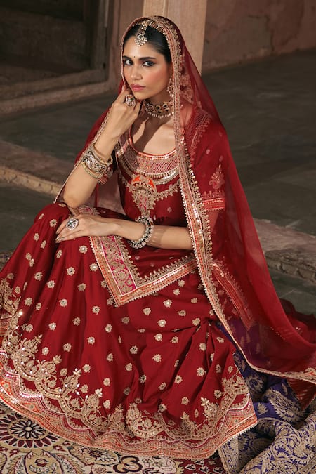 Sheetal Batra_Red Chanderi , Organza Pearls, Samreen Banarasi Tilla And Kurta Set _at_Aza_Fashions