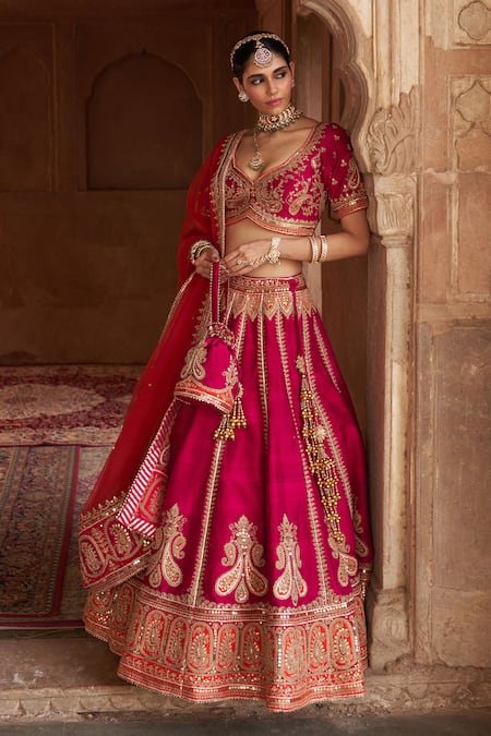 Buy_Sheetal Batra_Fuchsia , Organza Pearls, Amara Kashmiri Tilla And Lehenga Set _Online_at_Aza_Fashions