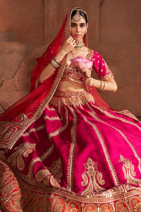 Shop_Sheetal Batra_Fuchsia , Organza Pearls, Amara Kashmiri Tilla And Lehenga Set _Online_at_Aza_Fashions