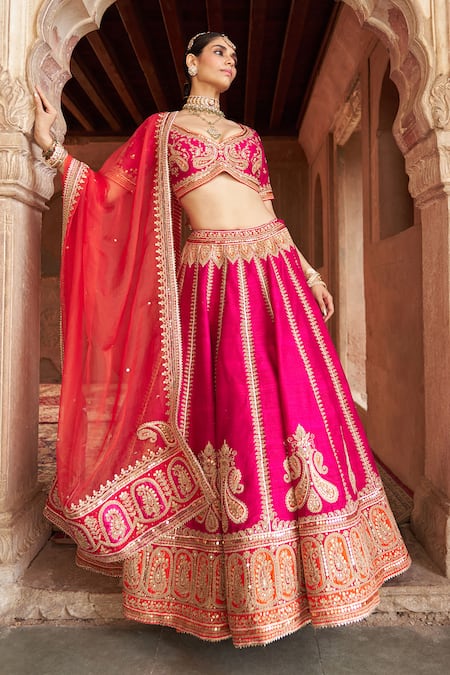 Buy_Sheetal Batra_Fuchsia , Organza Pearls, Amara Kashmiri Tilla And Lehenga Set 