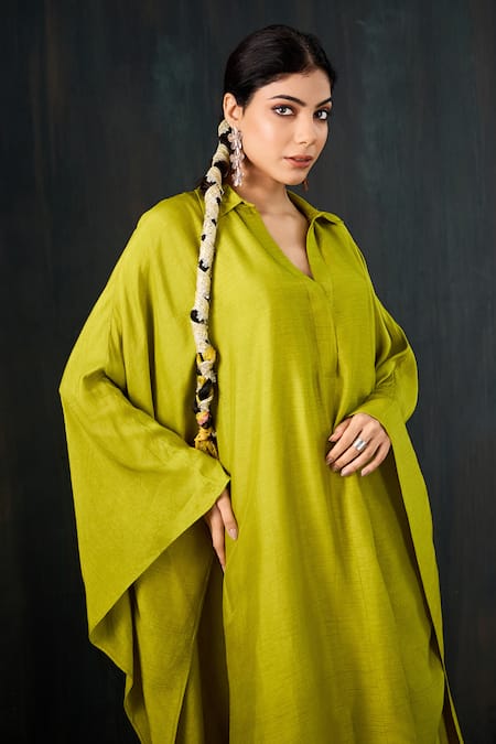 Tuli_Green Silk, Cotton Collared, V-neck Basanti Dola Kaftan Kurta And Pant Set _Online_at_Aza_Fashions