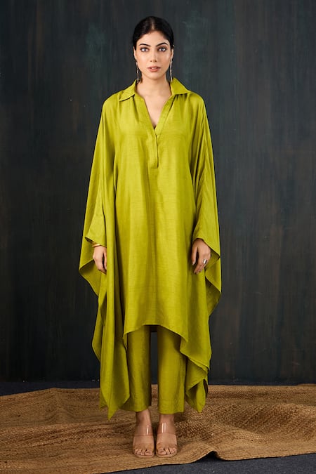 Buy_Tuli_Green Silk, Cotton Collared, V-neck Basanti Dola Kaftan Kurta And Pant Set _Online_at_Aza_Fashions
