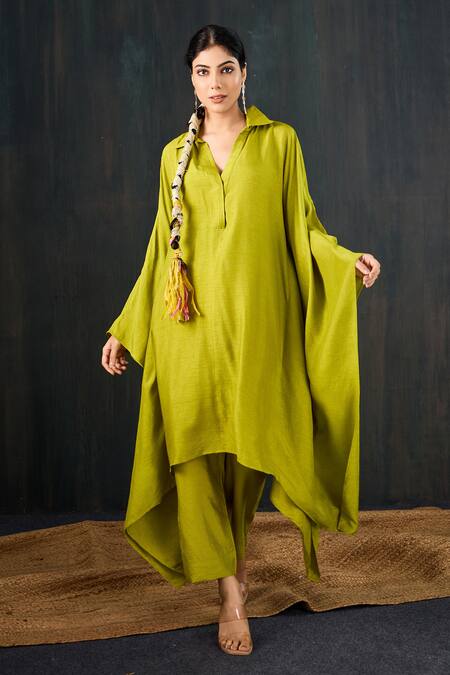 Shop_Tuli_Green Silk, Cotton Collared, V-neck Basanti Dola Kaftan Kurta And Pant Set _Online_at_Aza_Fashions