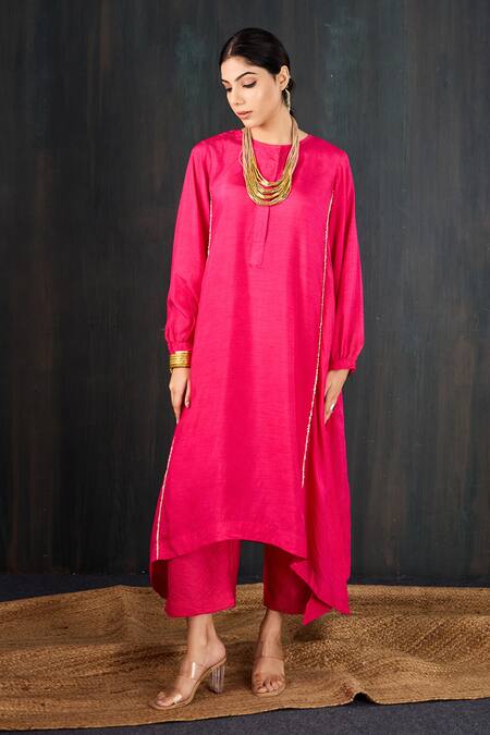 Buy_Tuli_Pink Silk, Cotton Zari Round Neck Gulaabi Rani Stitch Kurta And Pant Set _Online_at_Aza_Fashions