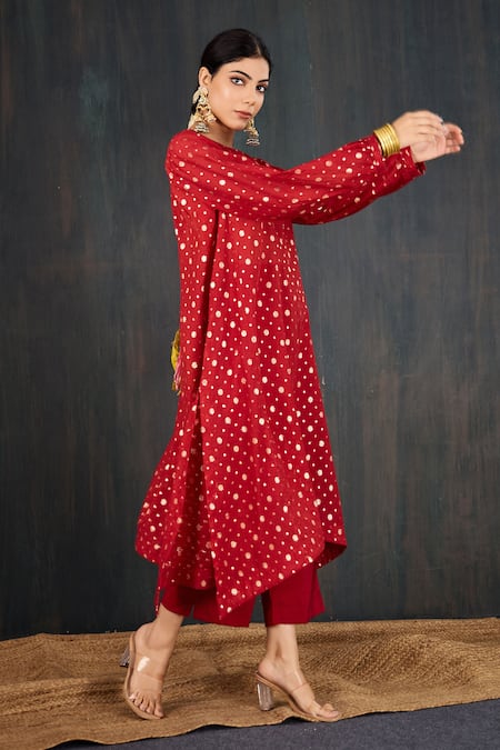 Shop_Tuli_Red Chanderi, Cotton, Silk Zari, Karva Jacquard Woven Kurta And Pant Set _Online_at_Aza_Fashions