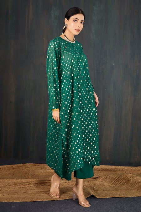 Buy_Tuli_Green Chanderi, Cotton, Silk Panna Jacquard Woven Kurta And Pant Set With Inner _Online_at_Aza_Fashions