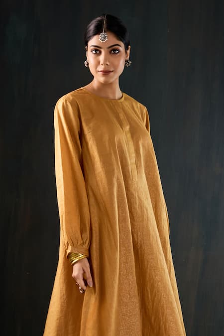 Buy_Tuli_Mustard Chanderi, Cotton, Silk Round Neck Sunheri Mul Anar Kurta And Pant Set _Online_at_Aza_Fashions