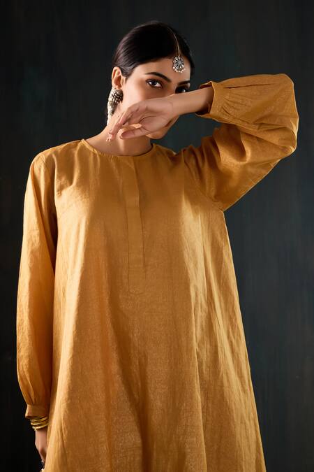 Shop_Tuli_Mustard Chanderi, Cotton, Silk Round Neck Sunheri Mul Anar Kurta And Pant Set 