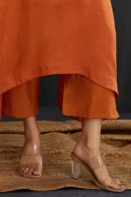 Tuli_Rust Silk, Cotton Round Neck Kesar Dola Anar Silhouette Kurta And Pant Set _Online_at_Aza_Fashions