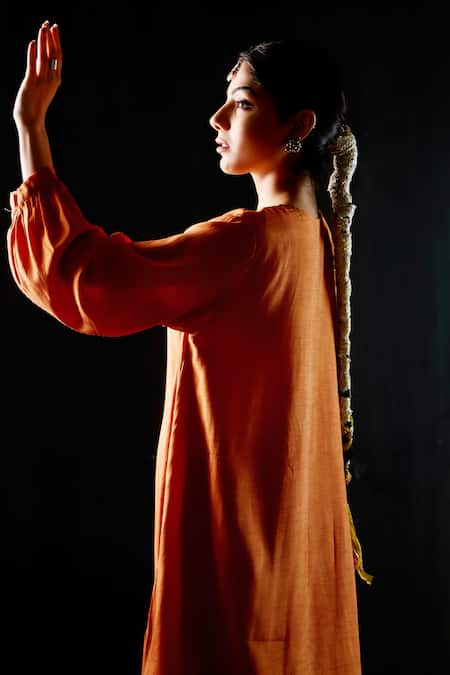 Buy_Tuli_Rust Silk, Cotton Round Neck Kesar Dola Anar Silhouette Kurta And Pant Set _Online_at_Aza_Fashions