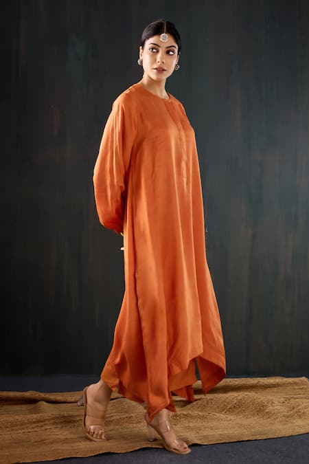 Shop_Tuli_Rust Silk, Cotton Round Neck Kesar Dola Anar Silhouette Kurta And Pant Set _Online_at_Aza_Fashions