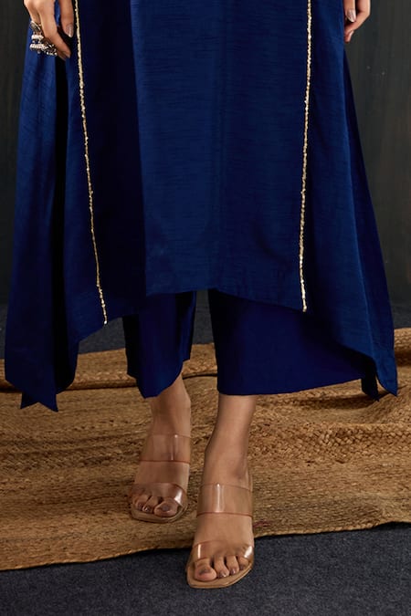Tuli_Navy Silk, Cotton Zari Round Neck Saanjh Three-kali Kurta And Pant Set _Online_at_Aza_Fashions