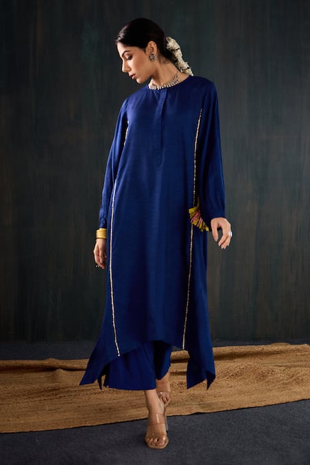 Shop_Tuli_Navy Silk, Cotton Zari Round Neck Saanjh Three-kali Kurta And Pant Set _Online_at_Aza_Fashions