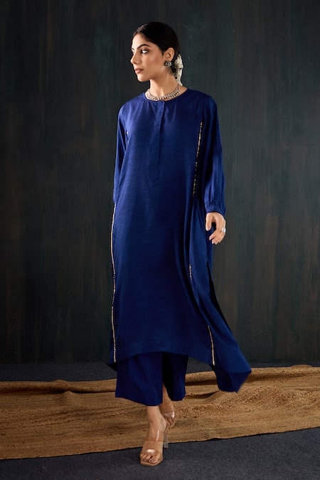 Tuli_Navy Silk, Cotton Zari Round Neck Saanjh Three-kali Kurta And Pant Set _at_Aza_Fashions