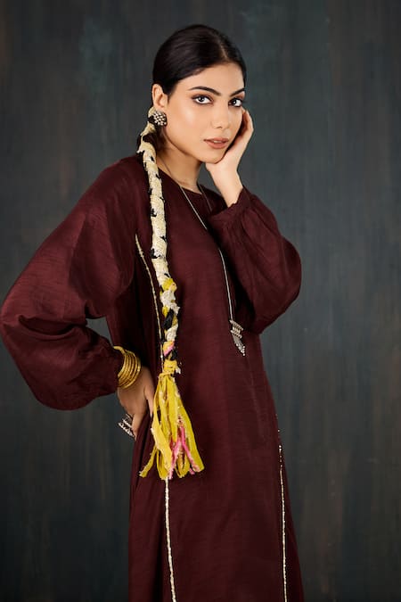 Tuli_Maroon Silk, Cotton Zari Round Neck Sukoon Three-kali Kurta And Straight Pant Set _Online_at_Aza_Fashions