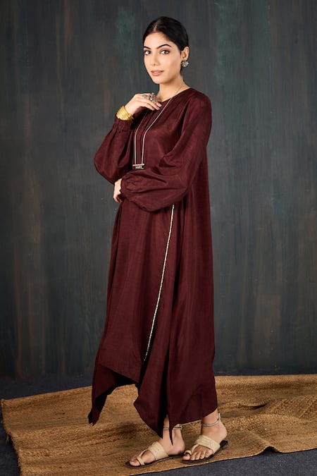 Shop_Tuli_Maroon Silk, Cotton Zari Round Neck Sukoon Three-kali Kurta And Straight Pant Set _Online_at_Aza_Fashions