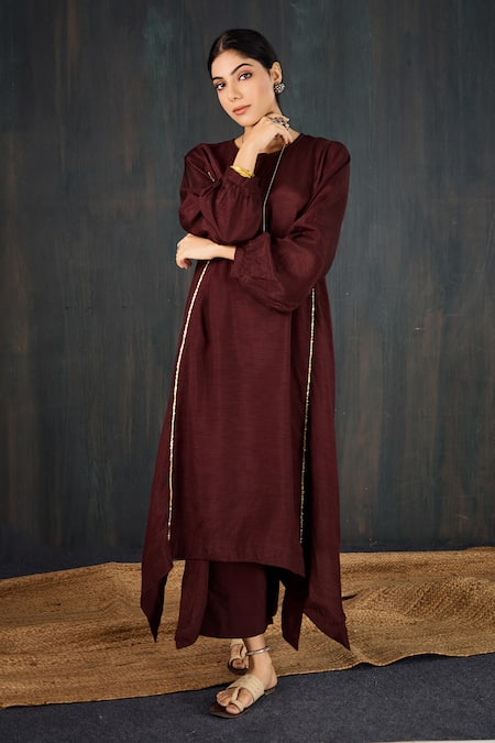 Shop_Tuli_Maroon Silk, Cotton Zari Round Neck Sukoon Three-kali Kurta And Straight Pant Set 
