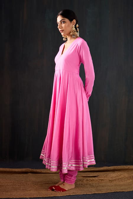 Tuli_Pink Cotton, Silk, Chanderi Gota Patti, Zari Rangili Angarakha Anarkali Set _Online_at_Aza_Fashions