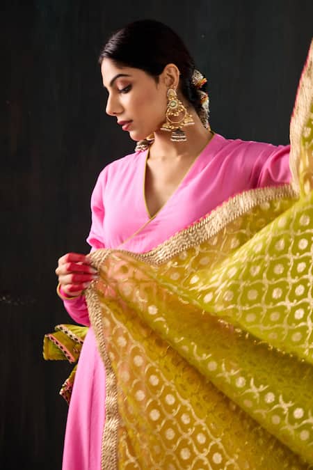 Buy_Tuli_Pink Cotton, Silk, Chanderi Gota Patti, Zari Rangili Angarakha Anarkali Set _Online_at_Aza_Fashions