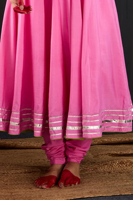 Shop_Tuli_Pink Cotton, Silk, Chanderi Gota Patti, Zari Rangili Angarakha Anarkali Set _Online_at_Aza_Fashions