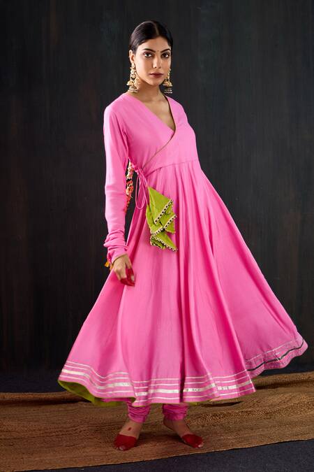 Tuli_Pink Cotton, Silk, Chanderi Gota Patti, Zari Rangili Angarakha Anarkali Set _at_Aza_Fashions