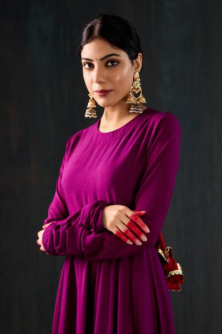 Tuli_Purple Cotton, Silk, Chanderi Gota Patti, Leheriya Work Anarkali Churidar Set _Online_at_Aza_Fashions