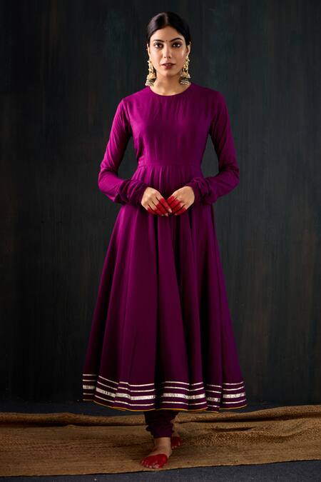 Shop_Tuli_Purple Cotton, Silk, Chanderi Gota Patti, Leheriya Work Anarkali Churidar Set _Online_at_Aza_Fashions